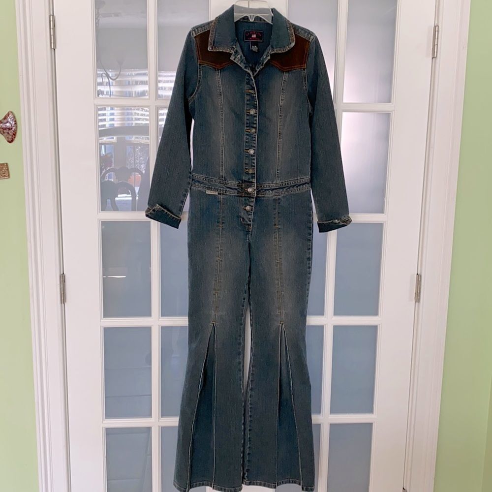 U.S. Polo Assn. Vintage 80s Disco Denim Long Sleeve Flare Leg Jumpsuit Size 9/10